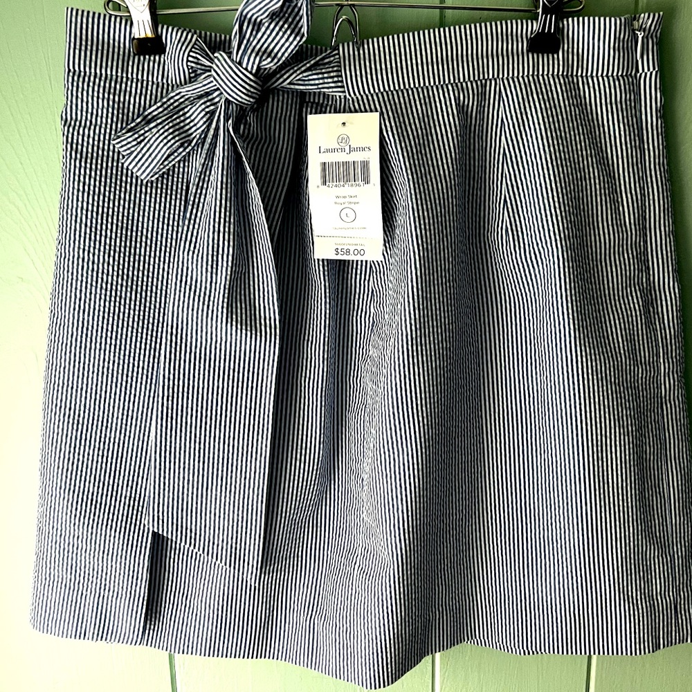 NWT Lauren James Navy and White Royal Stripe Wrap Skirt
